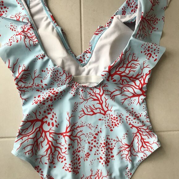 Shein One Piece Swimsuit Multicolor Print Ruffled Padded - Picture 7 of 8